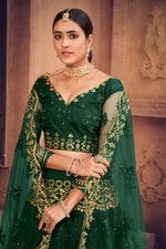 Thumbnail for Jyoti Fashion Women's Dark Green Net Thread Embroidered Designer Lehenga Choli Set - Distacart