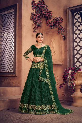Jyoti Fashion Women's Dark Green Net Thread Embroidered Designer Lehenga Choli Set - Distacart