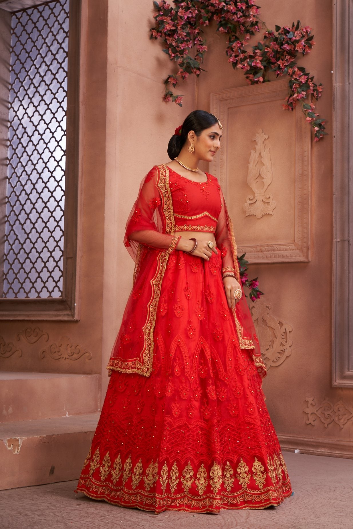 Jyoti Fashion Women's Red Net Thread Embroidered Designer Lehenga Choli Set - Distacart