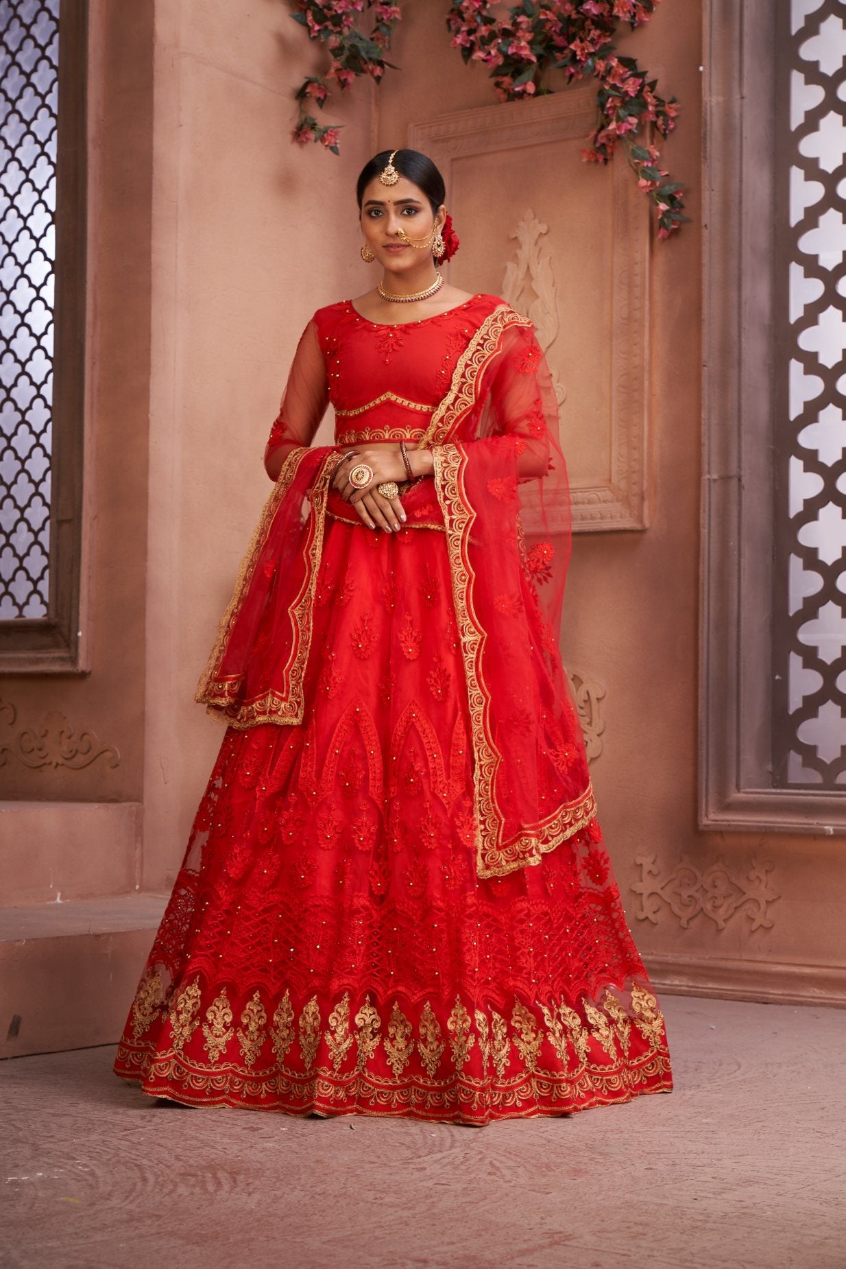 Jyoti Fashion Women's Red Net Thread Embroidered Designer Lehenga Choli Set - Distacart