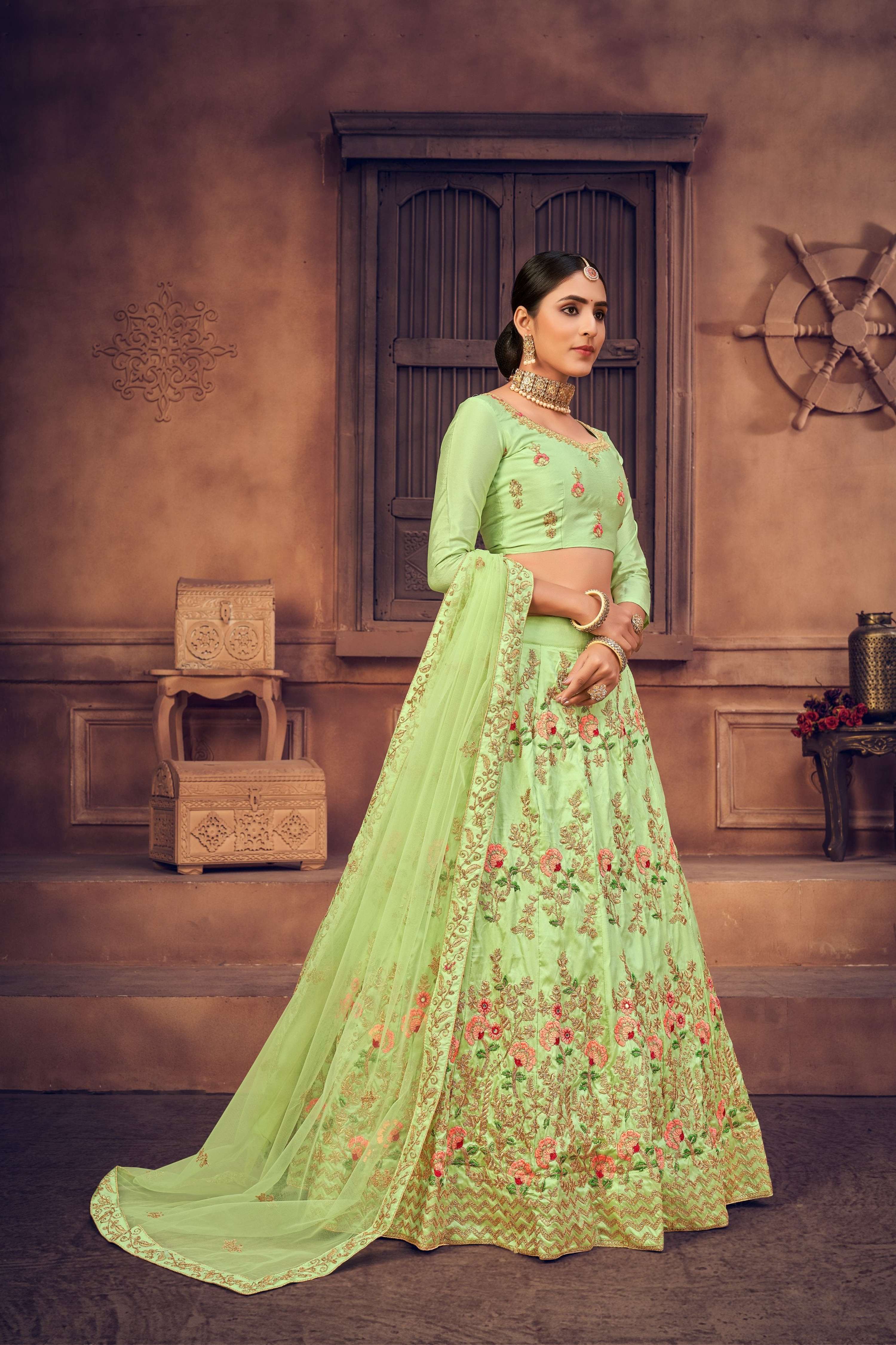 Jyoti Fashion Women's Pista Green Taffeta Silk Thread Embroidered Designer Lehenga Choli Set - Distacart