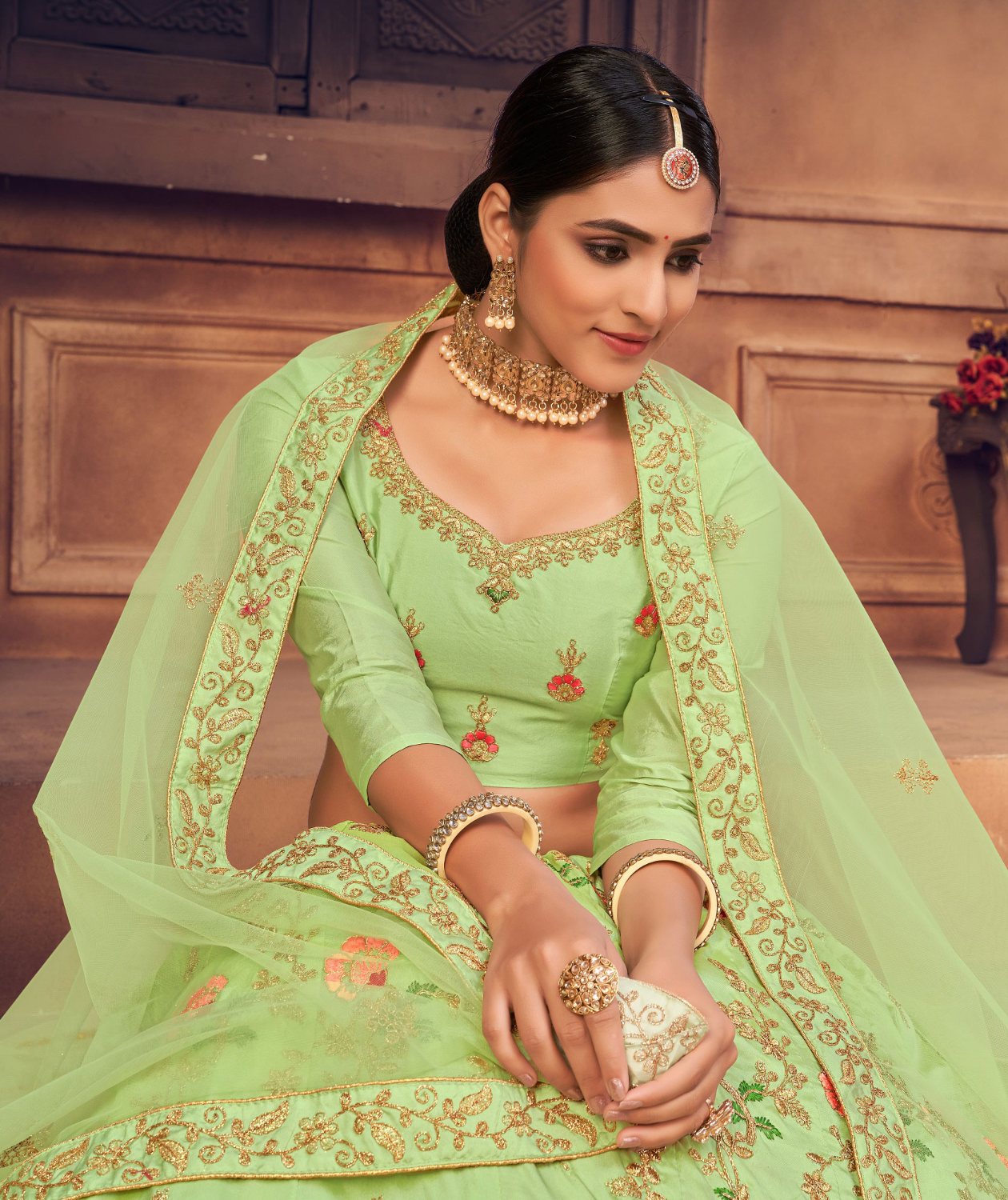 Jyoti Fashion Women's Pista Green Taffeta Silk Thread Embroidered Designer Lehenga Choli Set - Distacart