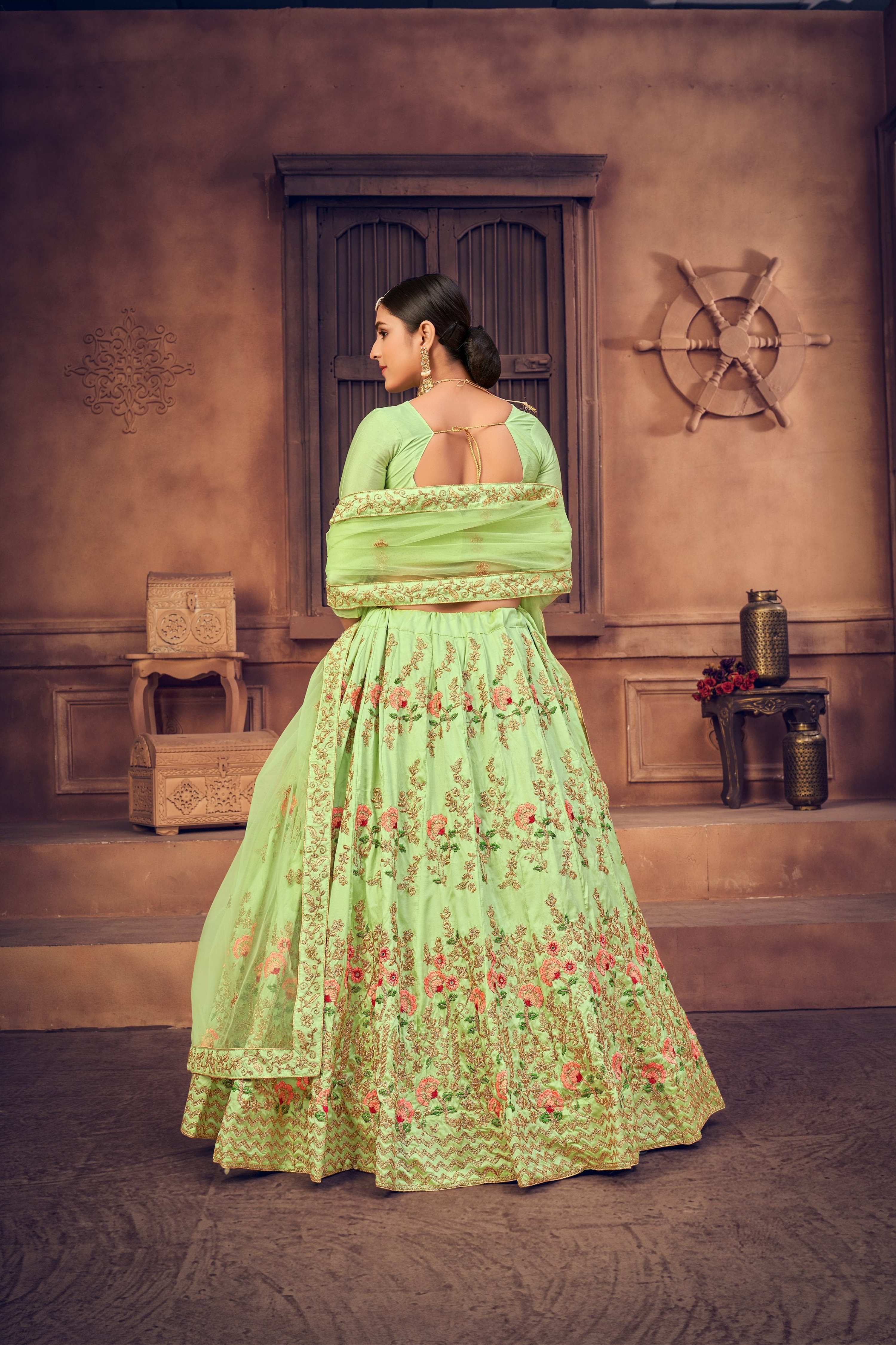 Jyoti Fashion Women's Pista Green Taffeta Silk Thread Embroidered Designer Lehenga Choli Set - Distacart