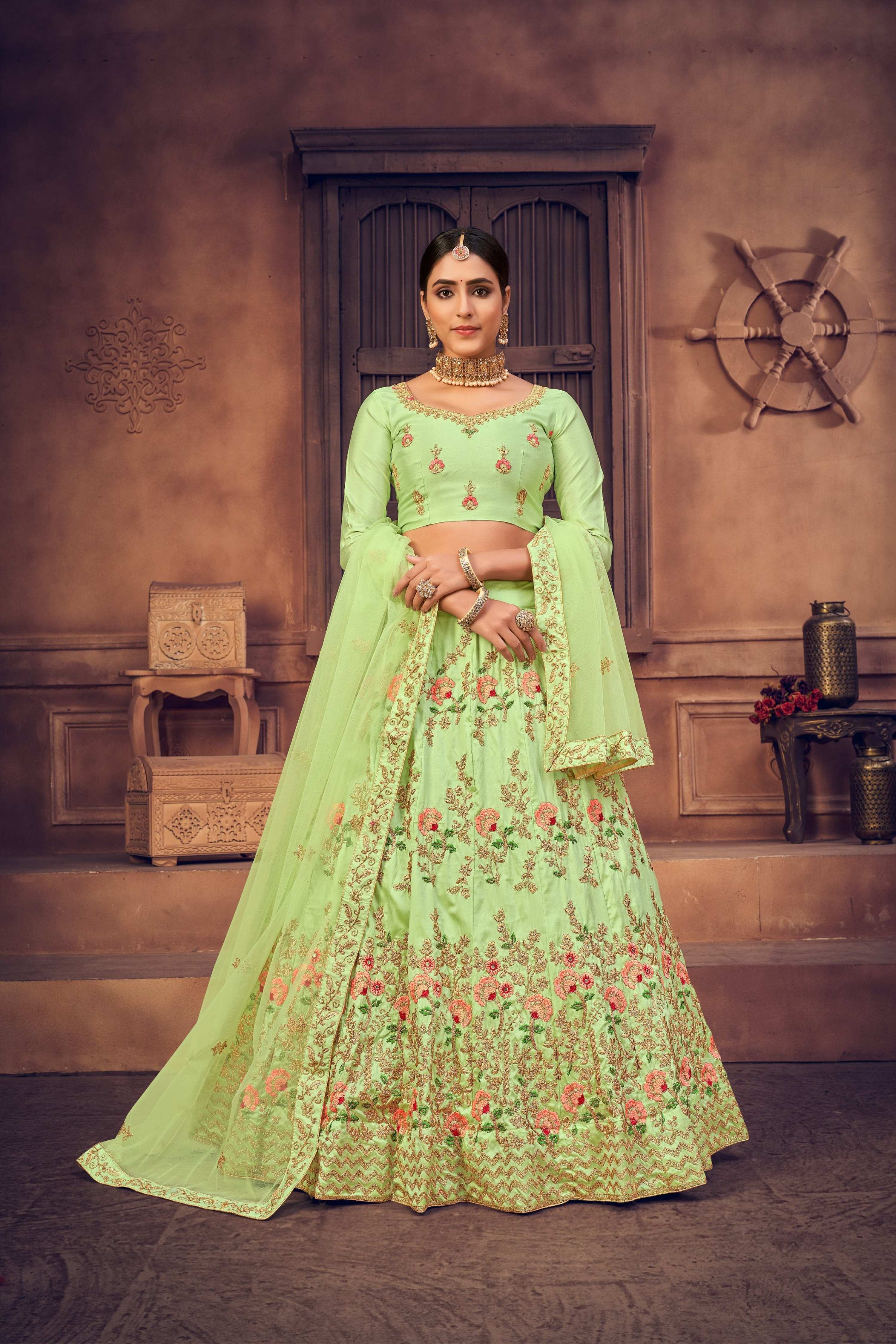Jyoti Fashion Women's Pista Green Taffeta Silk Thread Embroidered Designer Lehenga Choli Set - Distacart