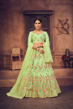 Thumbnail for Jyoti Fashion Women's Pista Green Taffeta Silk Thread Embroidered Designer Lehenga Choli Set - Distacart