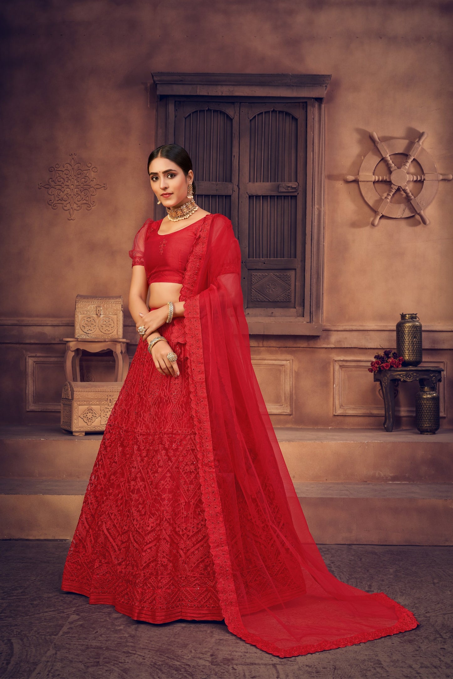 Jyoti Fashion Women's Red Net Thread Embroidered Designer Lehenga Choli Set - Distacart
