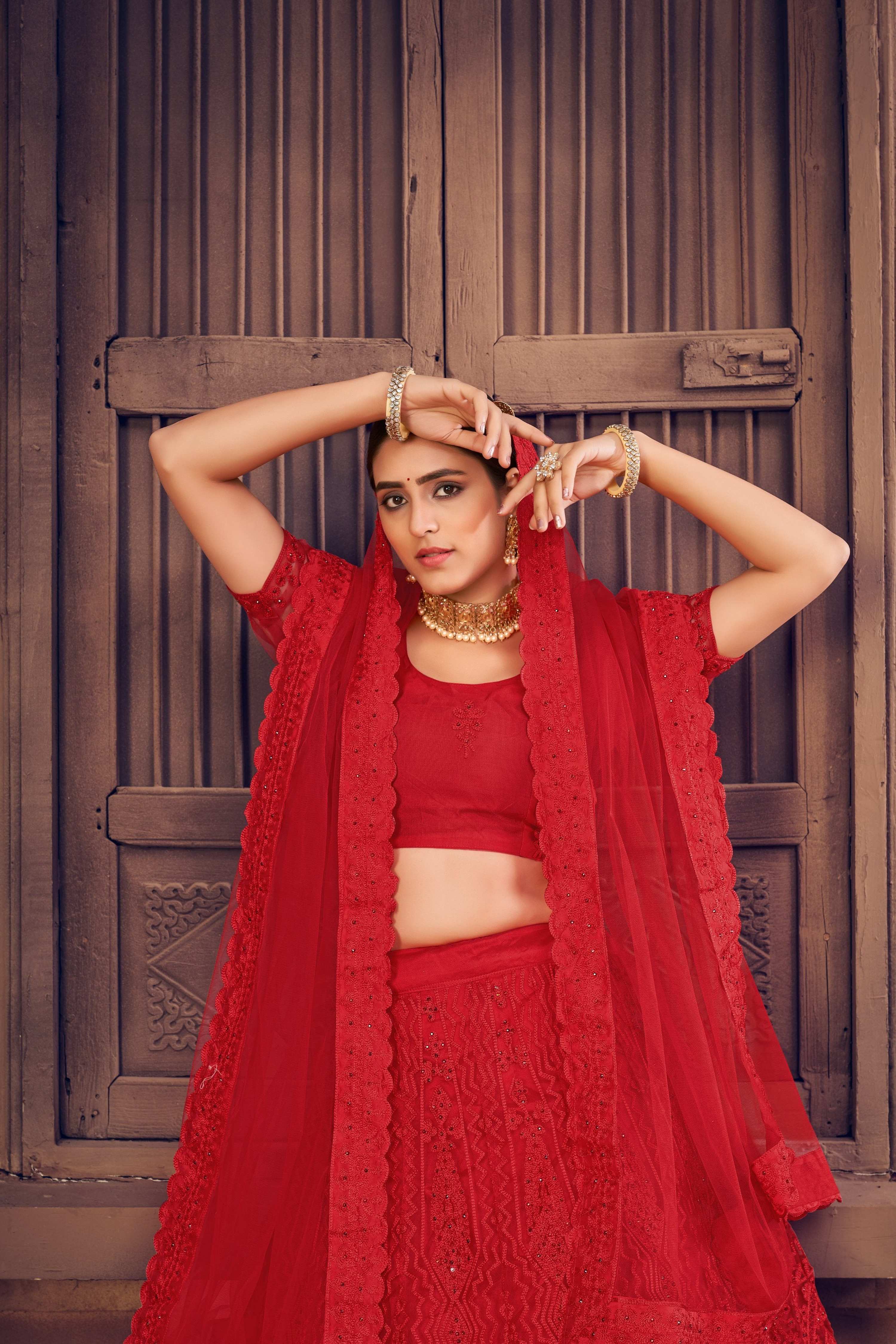 Jyoti Fashion Women's Red Net Thread Embroidered Designer Lehenga Choli Set - Distacart