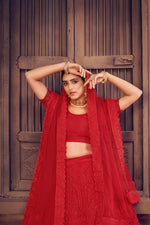 Thumbnail for Jyoti Fashion Women's Red Net Thread Embroidered Designer Lehenga Choli Set - Distacart