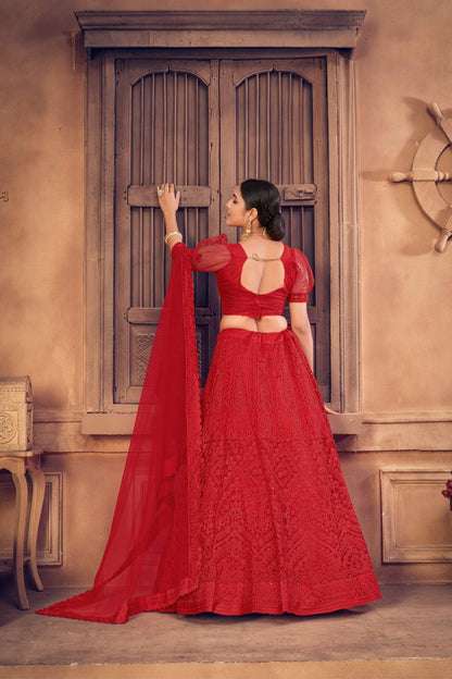 Jyoti Fashion Women's Red Net Thread Embroidered Designer Lehenga Choli Set - Distacart