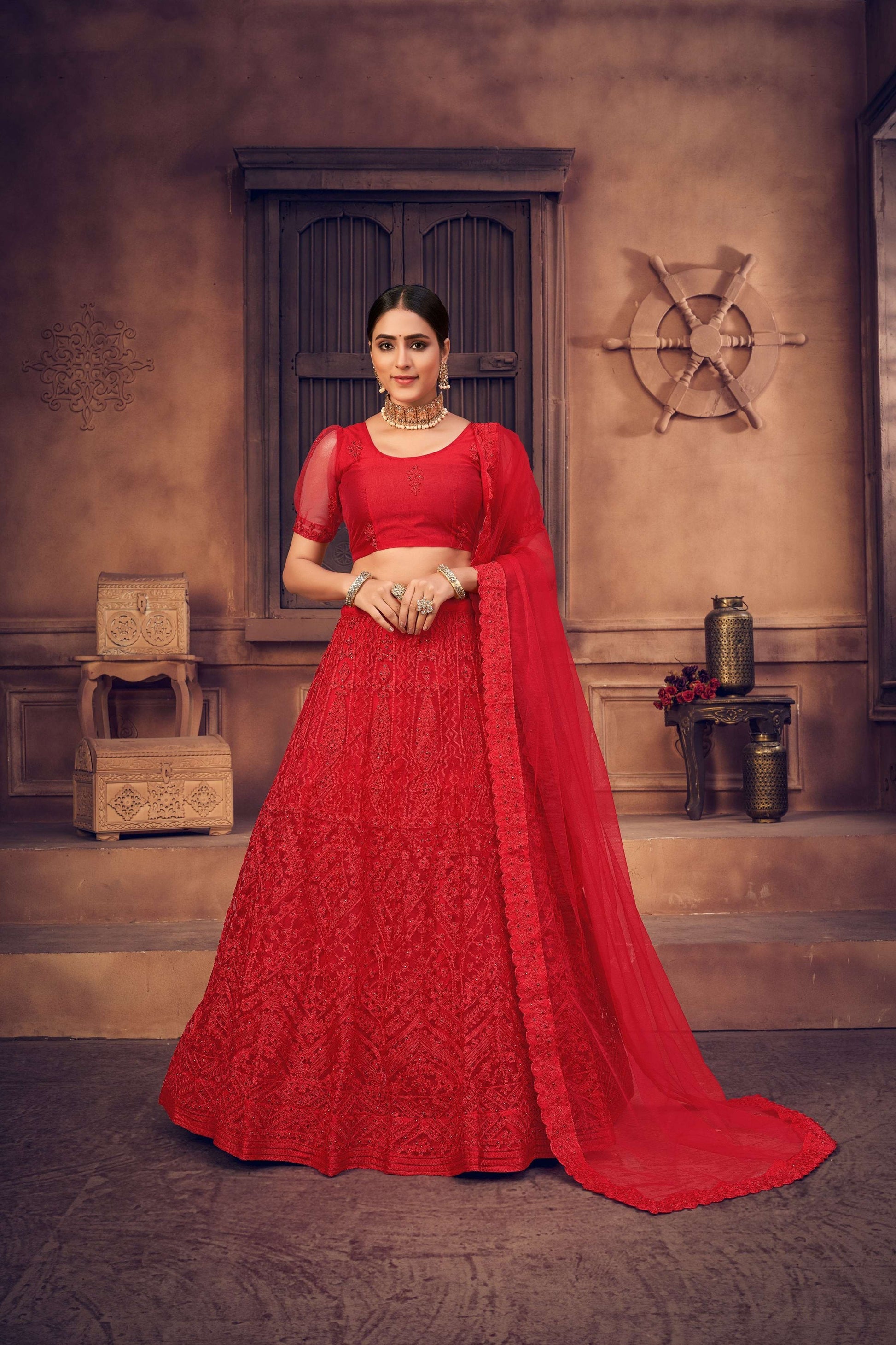 Jyoti Fashion Women's Red Net Thread Embroidered Designer Lehenga Choli Set - Distacart