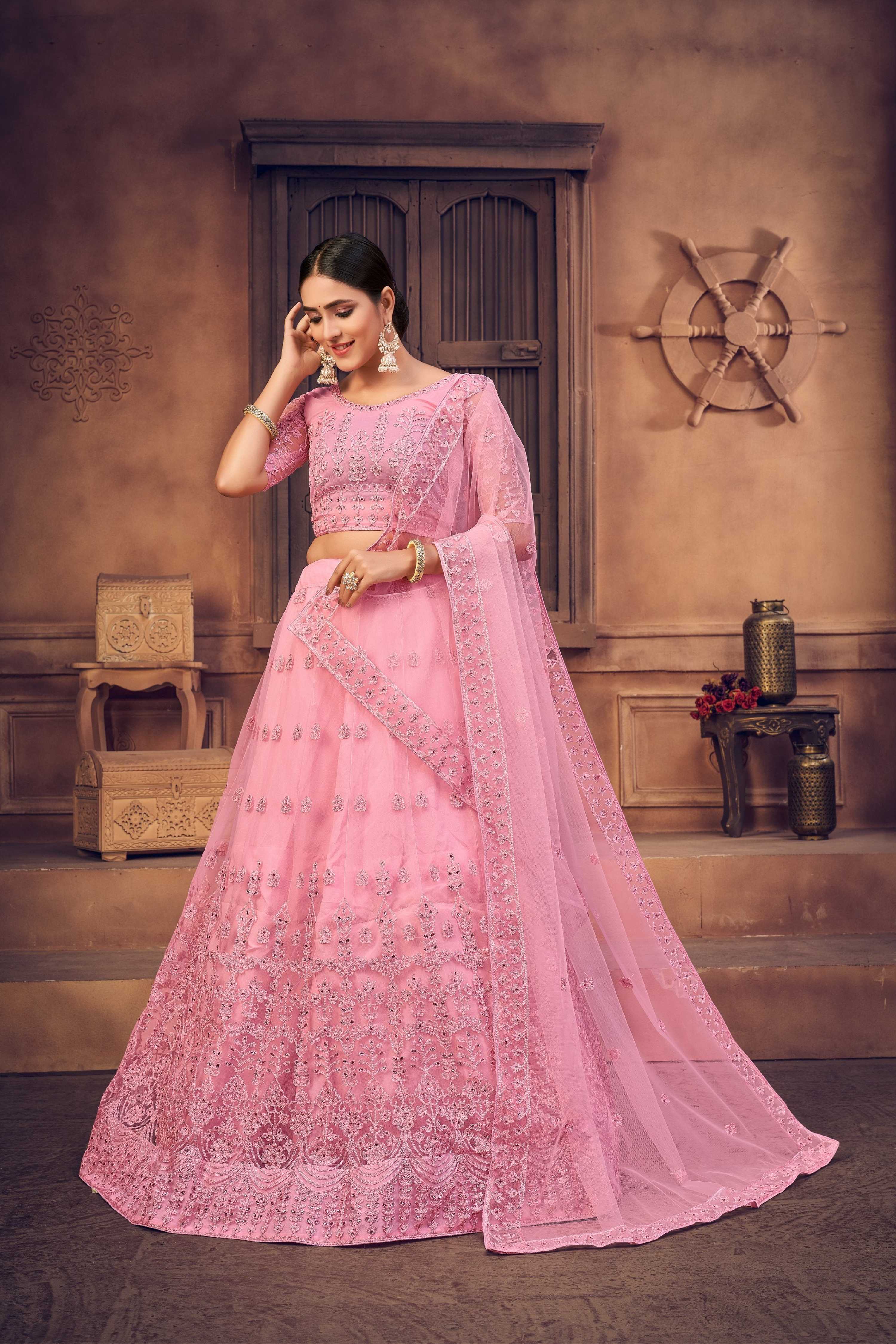 Jyoti Fashion Women's Baby Pink Net Thread Embroidered Designer Lehenga Choli Set - Distacart