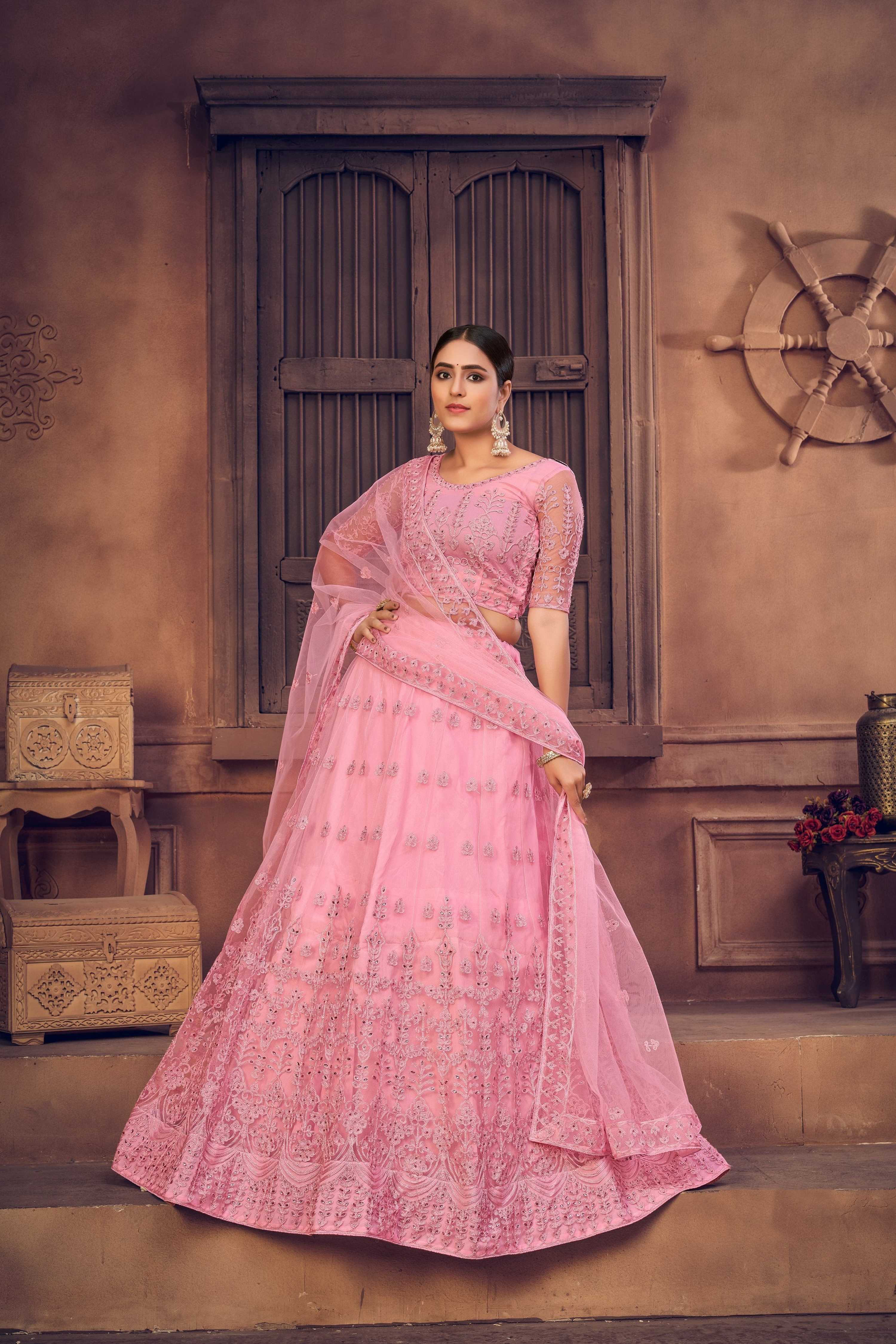 Jyoti Fashion Women's Baby Pink Net Thread Embroidered Designer Lehenga Choli Set - Distacart