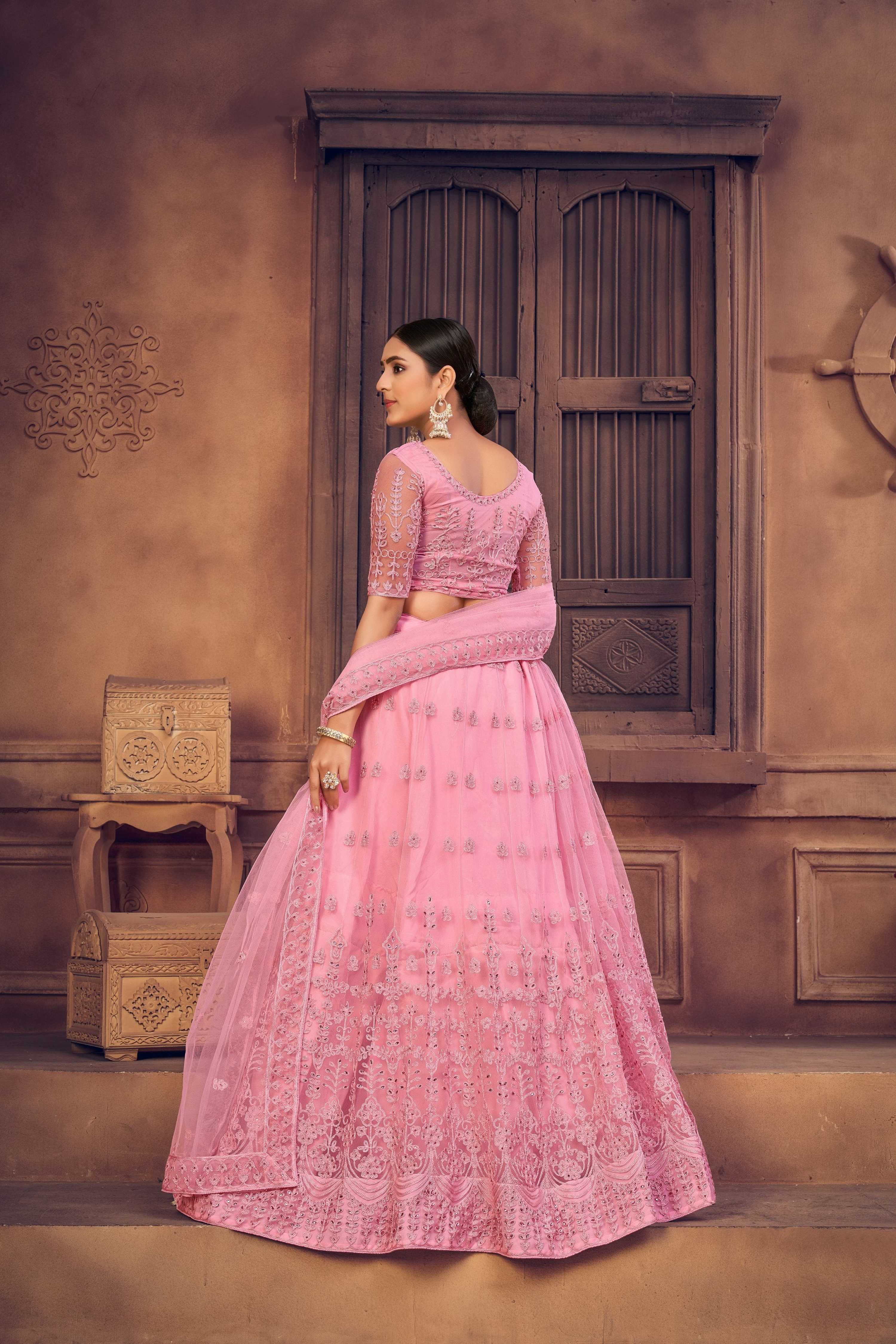 Jyoti Fashion Women's Baby Pink Net Thread Embroidered Designer Lehenga Choli Set - Distacart