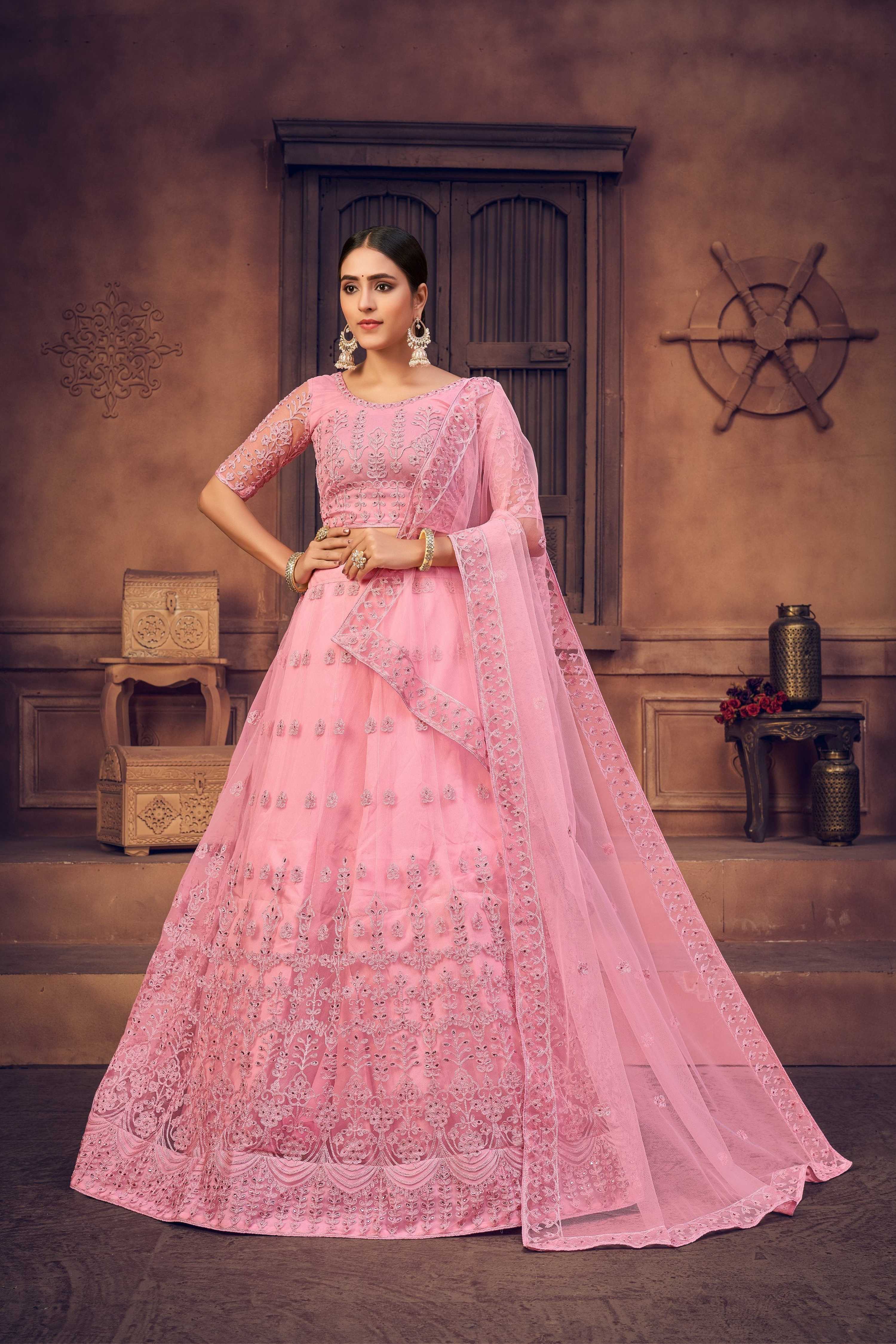 Jyoti Fashion Women's Baby Pink Net Thread Embroidered Designer Lehenga Choli Set - Distacart
