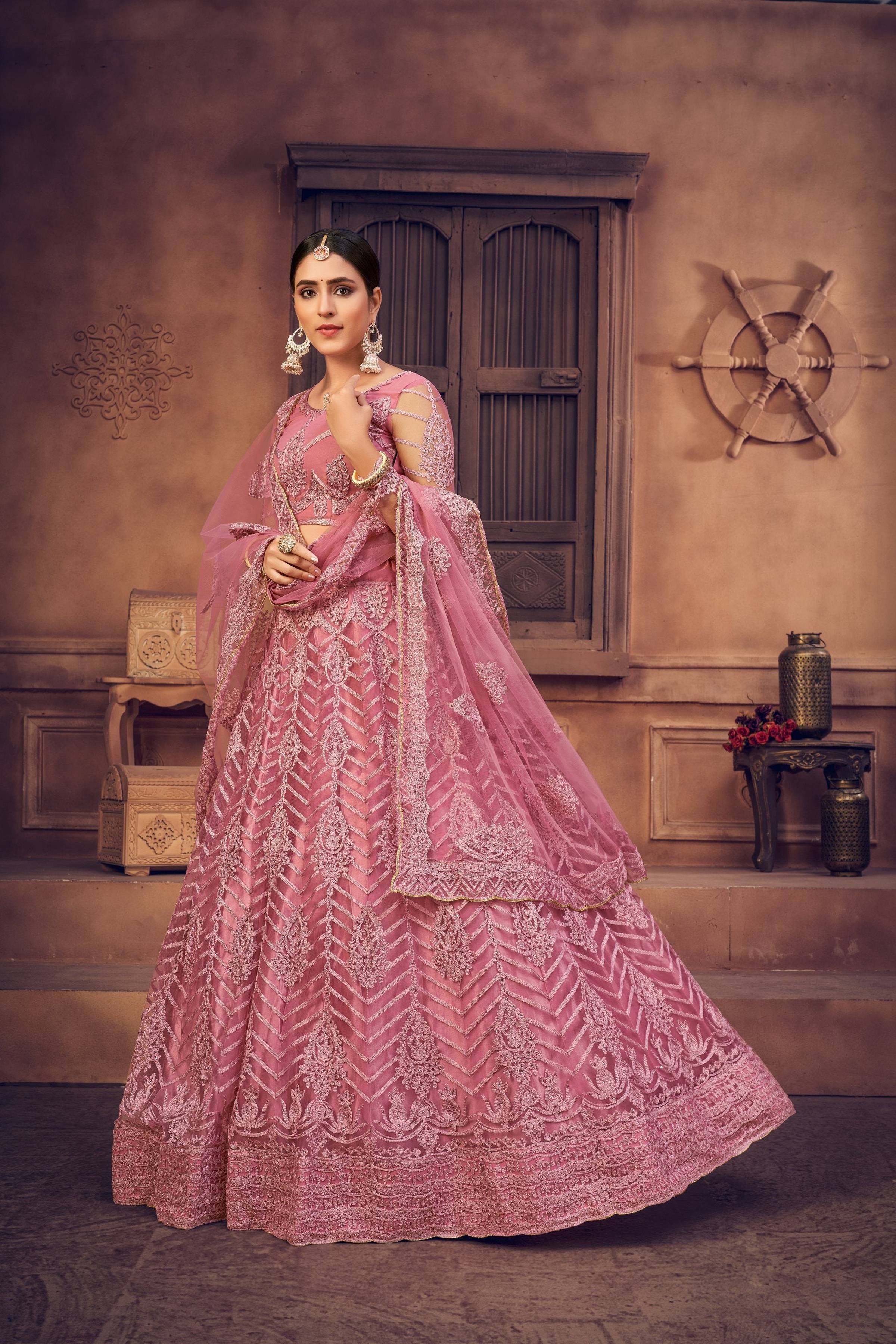 Jyoti Fashion Women's Dusty Pink Net Thread Embroidered Designer Lehenga Choli Set - Distacart