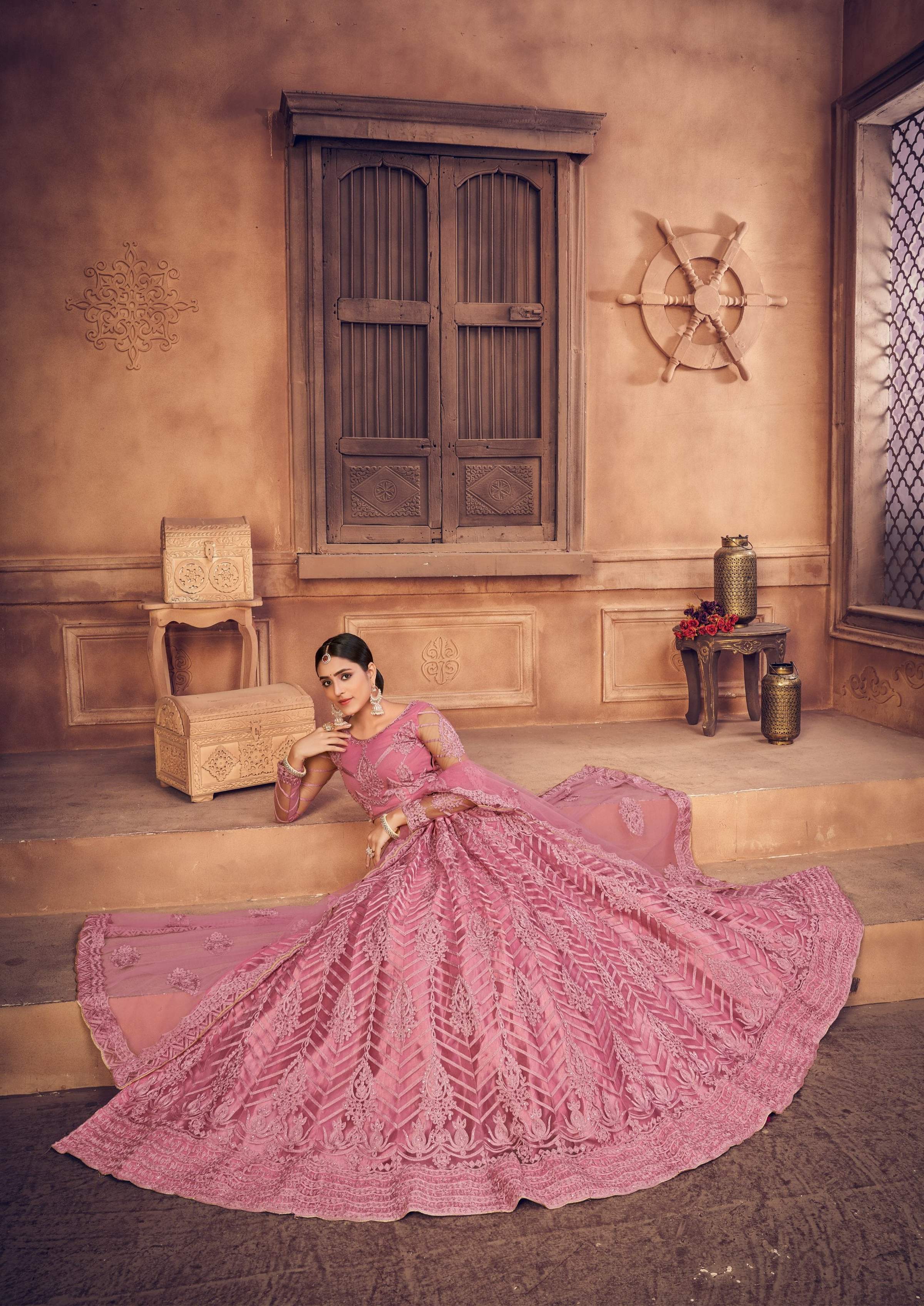 Jyoti Fashion Women's Dusty Pink Net Thread Embroidered Designer Lehenga Choli Set - Distacart