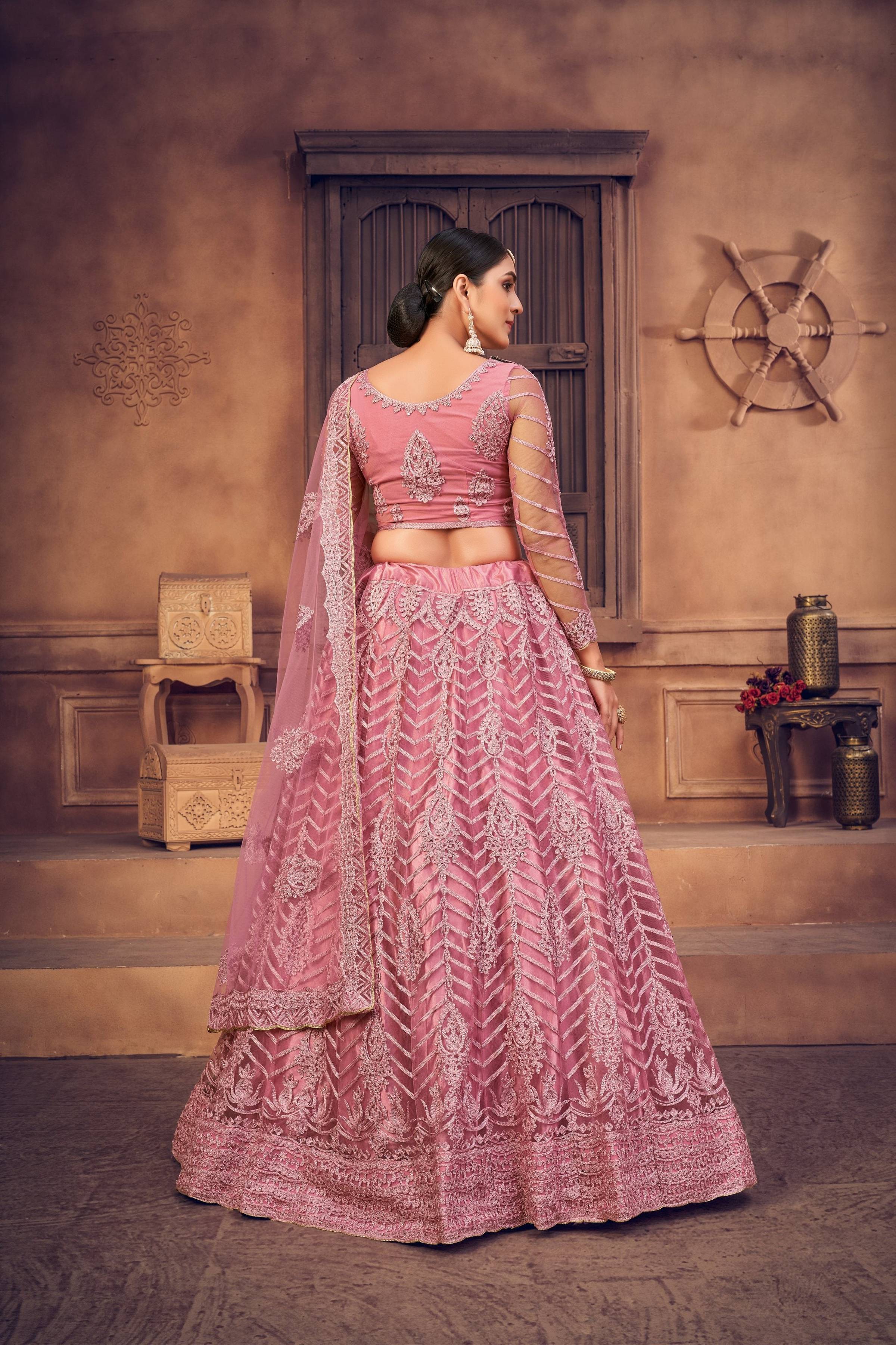 Jyoti Fashion Women's Dusty Pink Net Thread Embroidered Designer Lehenga Choli Set - Distacart