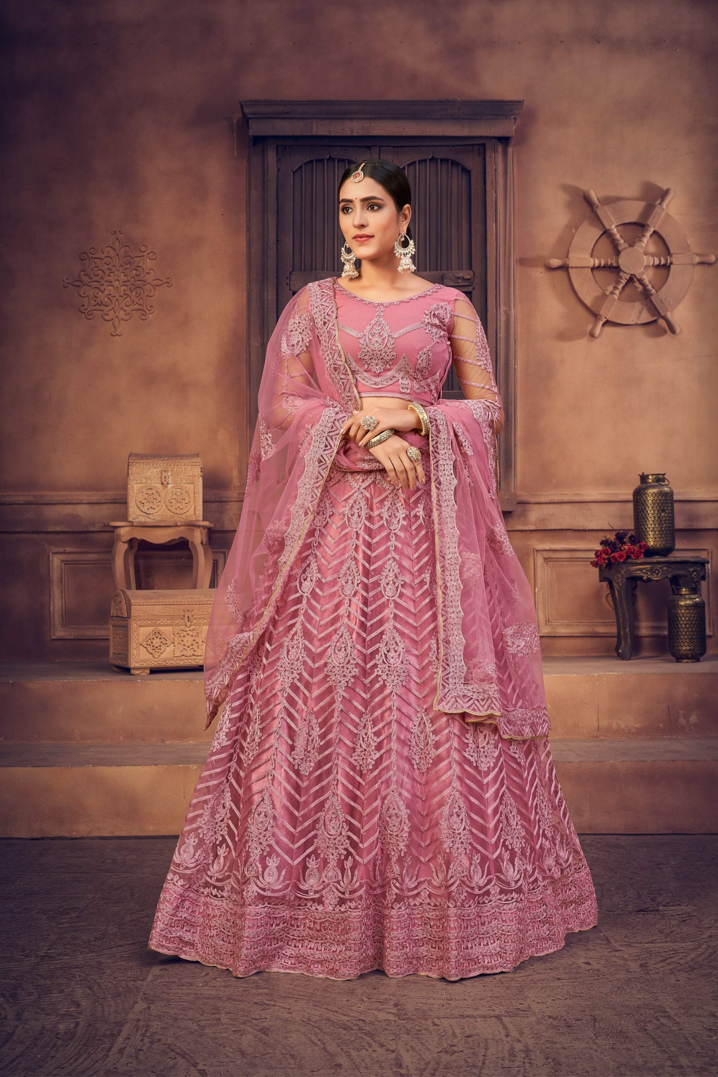 Jyoti Fashion Women's Dusty Pink Net Thread Embroidered Designer Lehenga Choli Set - Distacart
