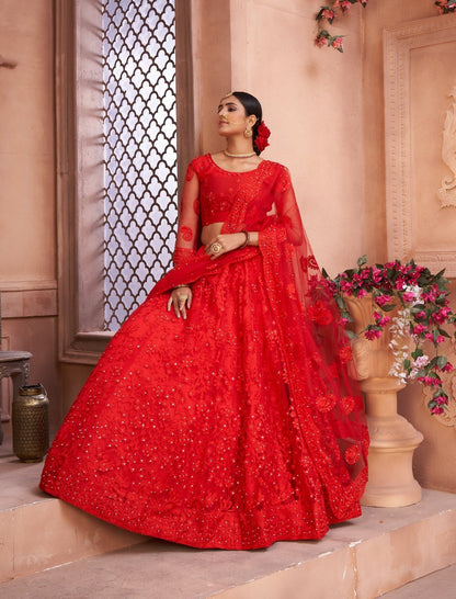 Jyoti Fashion Women's Red Net Thread Embroidered Designer Lehenga Choli Set - Distacart