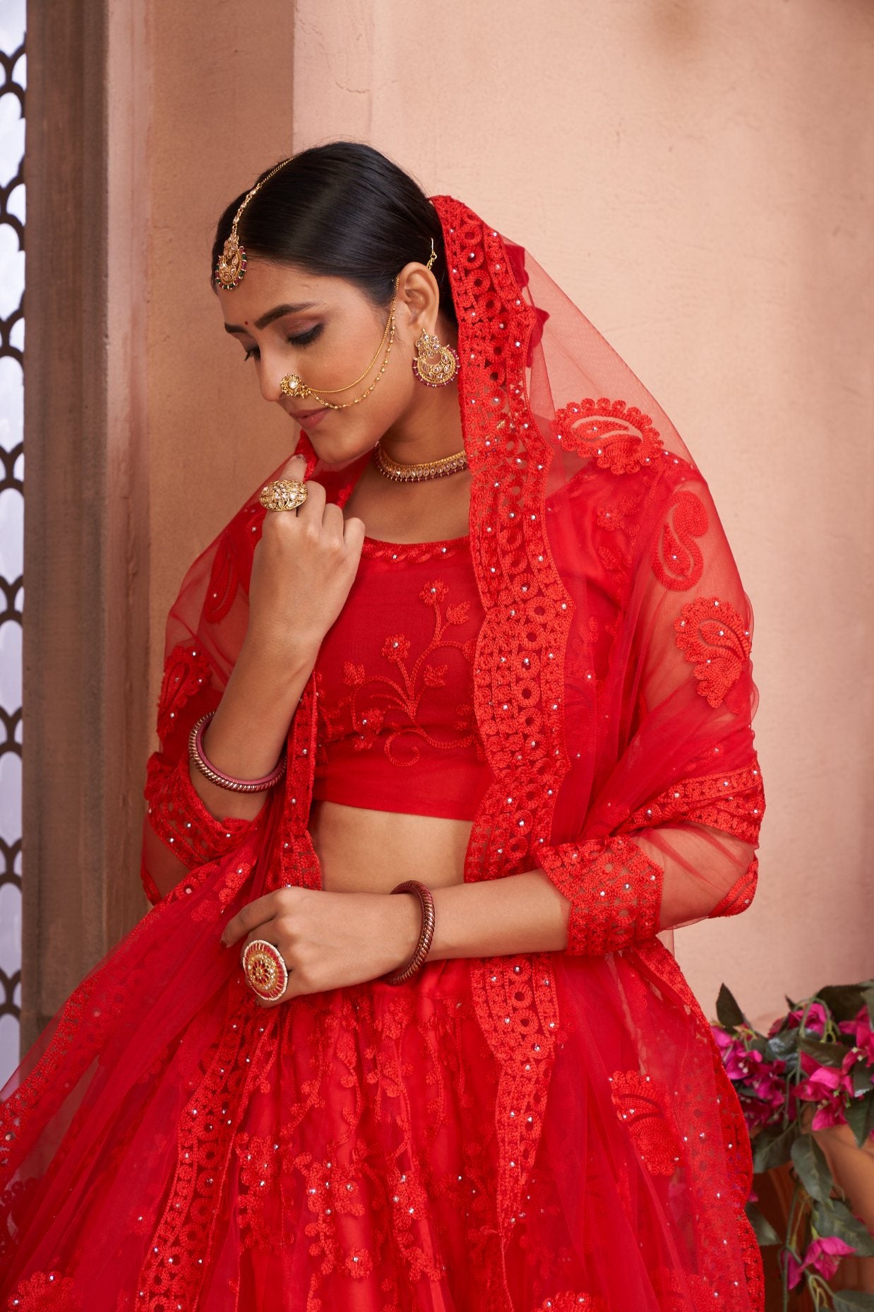 Jyoti Fashion Women's Red Net Thread Embroidered Designer Lehenga Choli Set - Distacart