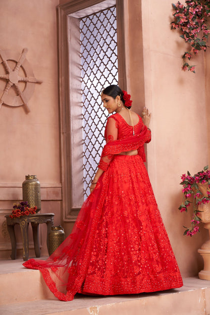 Jyoti Fashion Women's Red Net Thread Embroidered Designer Lehenga Choli Set - Distacart
