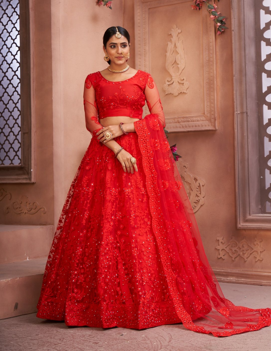 Jyoti Fashion Women's Red Net Thread Embroidered Designer Lehenga Choli Set - Distacart