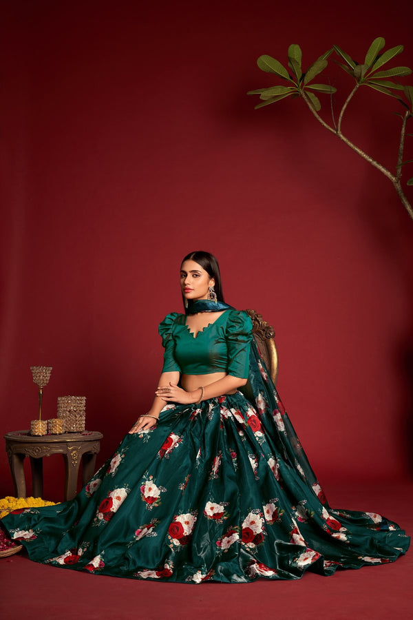 Jyoti Fashion Women's Teal Banglory Silk Floral Printed Designer Lehenga Choli Set - Distacart