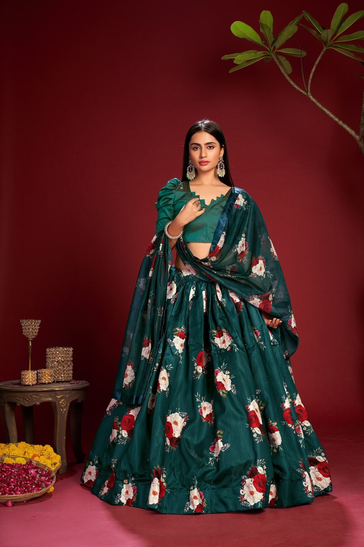 Jyoti Fashion Women's Teal Banglory Silk Floral Printed Designer Lehenga Choli Set - Distacart