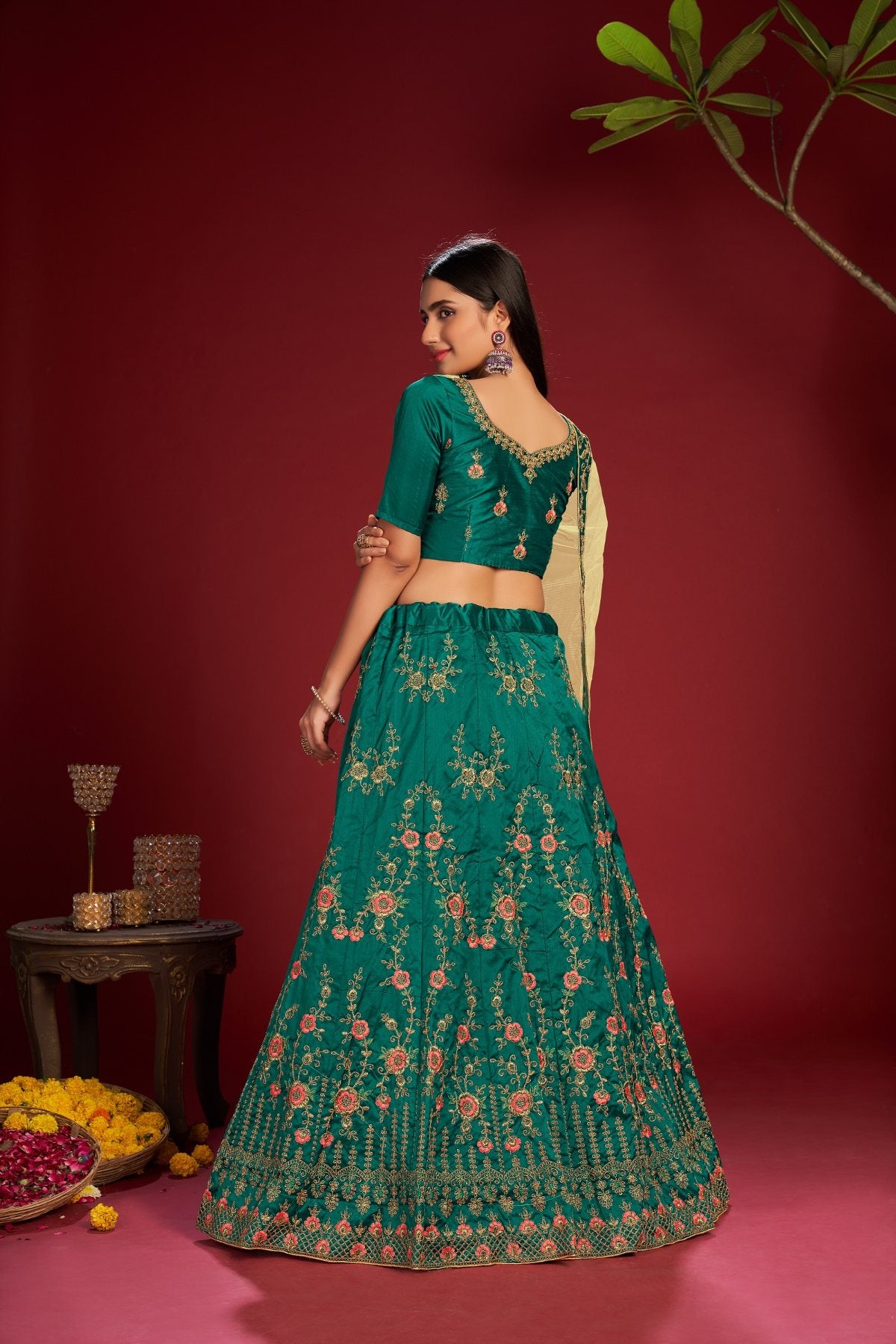 Jyoti Fashion Women's Dark Green Taffeta Silk Thread Embroidered Designer Lehenga Choli Set - Distacart