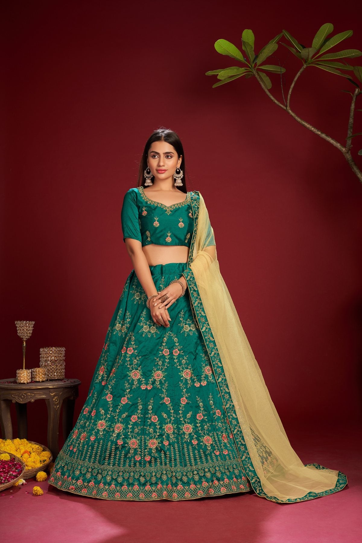 Jyoti Fashion Women's Dark Green Taffeta Silk Thread Embroidered Designer Lehenga Choli Set - Distacart