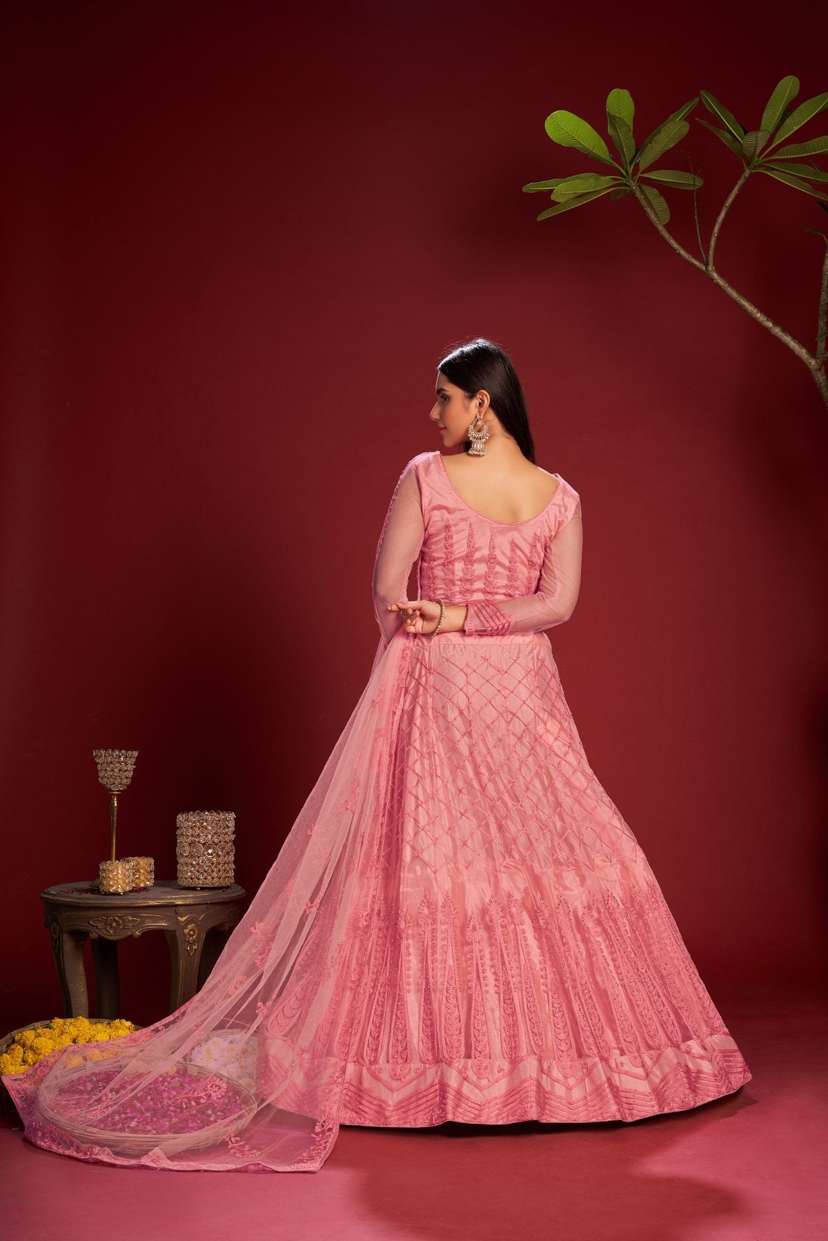 Jyoti Fashion Women's Pink Net Thread Embroidered Designer Lehenga Choli Set - Distacart