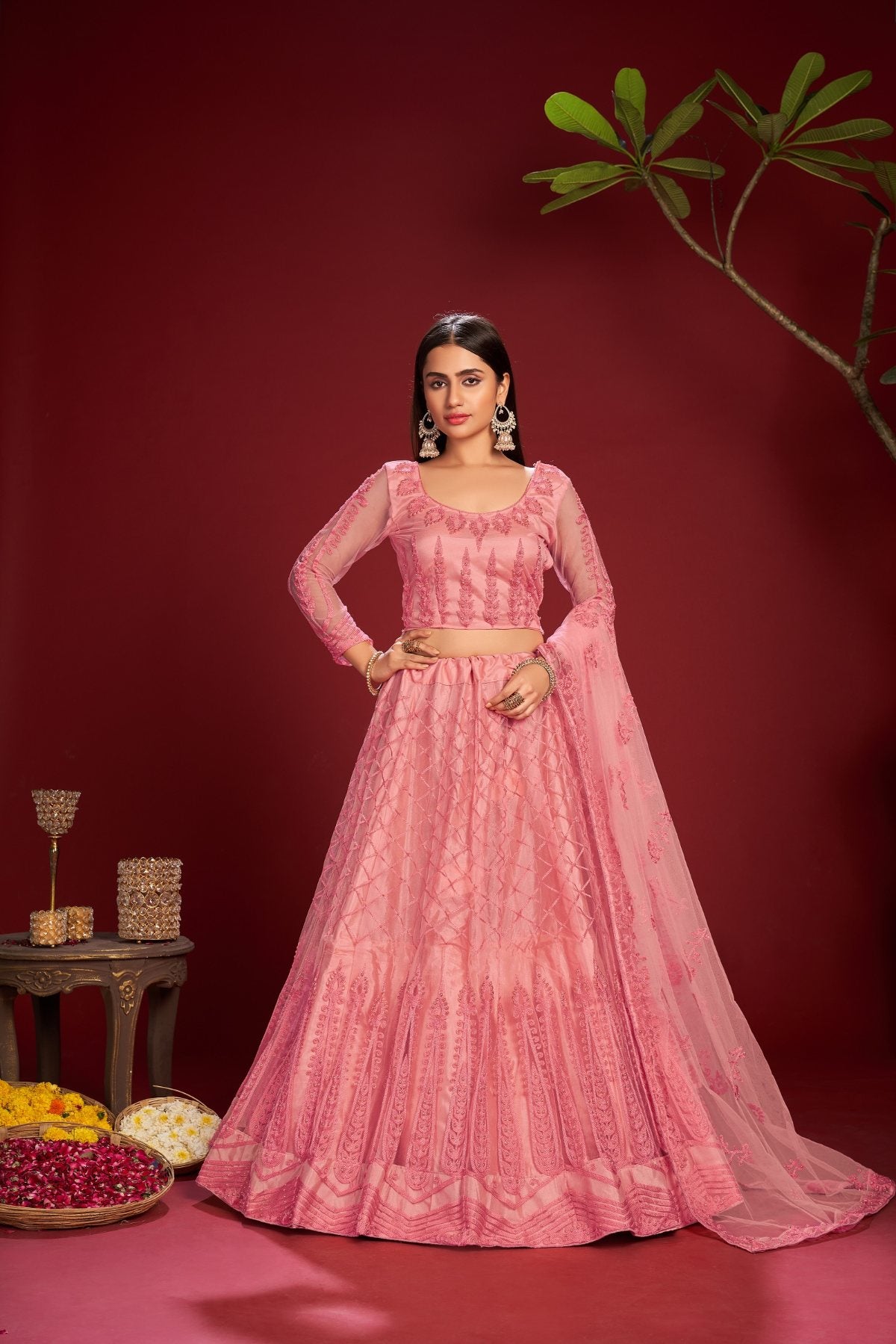 Jyoti Fashion Women's Pink Net Thread Embroidered Designer Lehenga Choli Set - Distacart