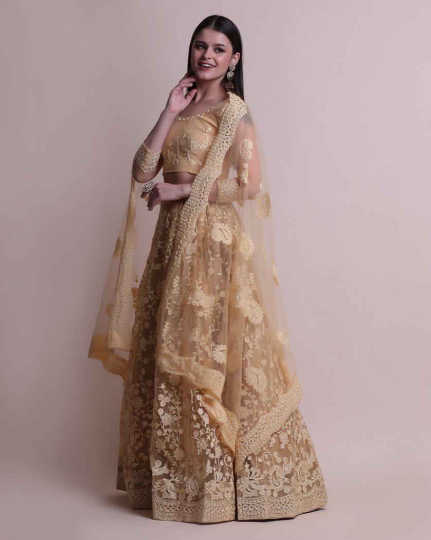 Jyoti Fashion Women's Cream Net Thread Embroidered Designer Lehenga Choli Set - Distacart