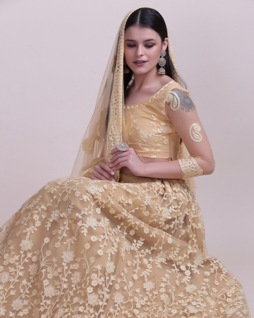 Jyoti Fashion Women's Cream Net Thread Embroidered Designer Lehenga Choli Set - Distacart