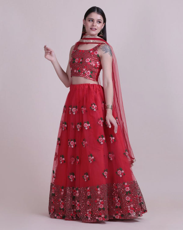 Jyoti Fashion Women's Red Net Thread Embroidered Designer Lehenga Choli Set - Distacart