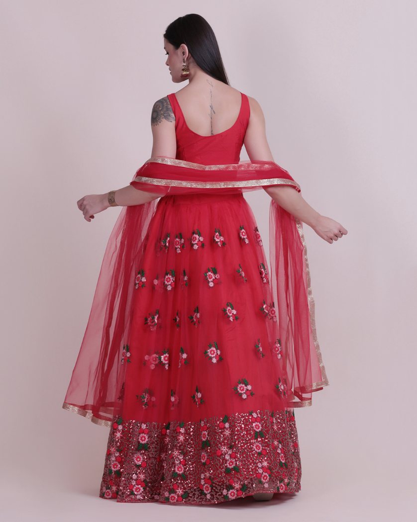 Jyoti Fashion Women's Red Net Thread Embroidered Designer Lehenga Choli Set - Distacart