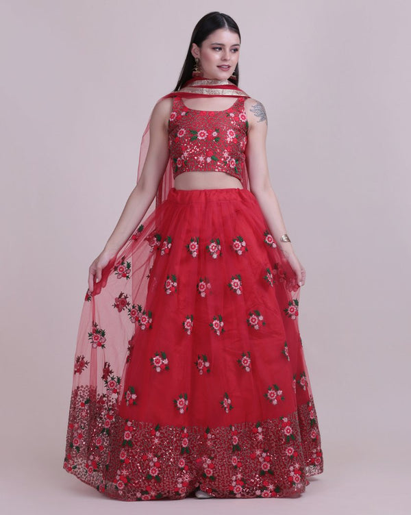 Jyoti Fashion Women's Red Net Thread Embroidered Designer Lehenga Choli Set - Distacart