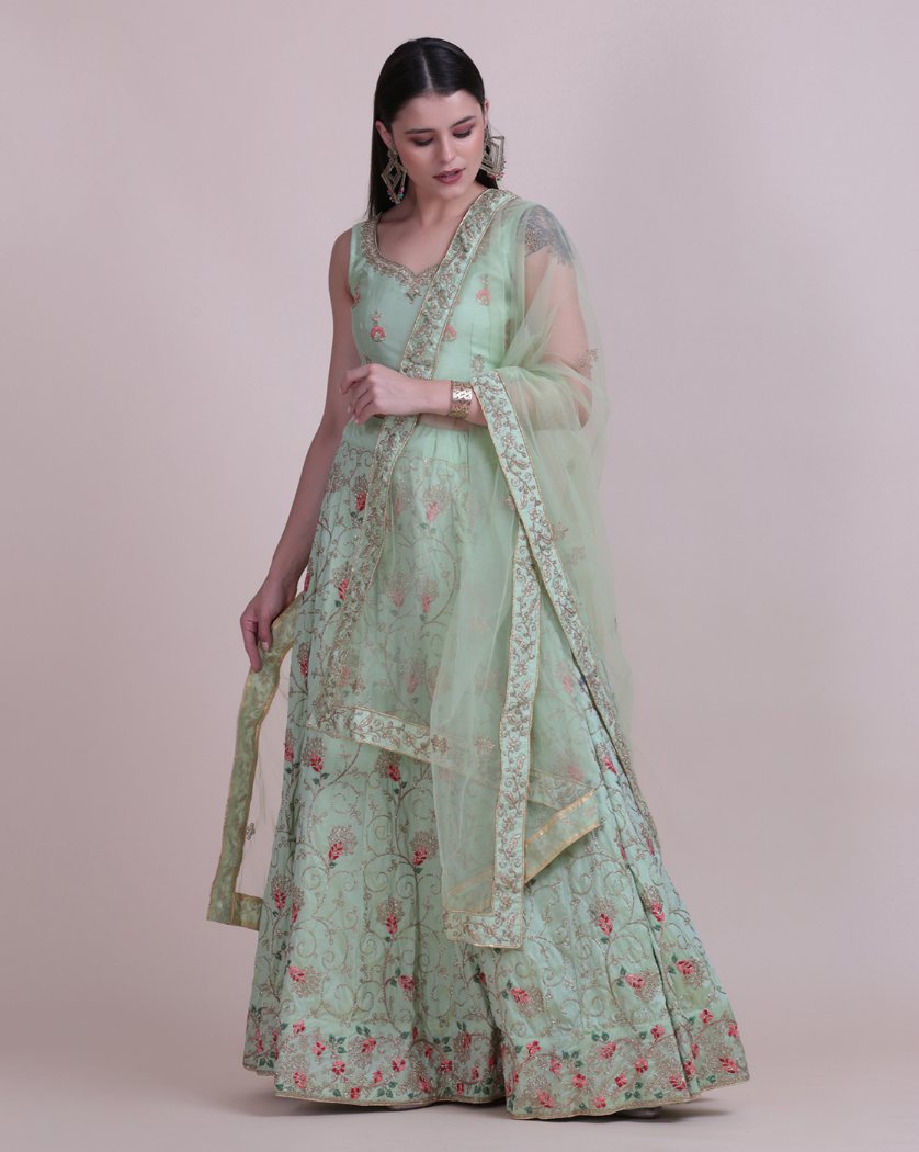 Jyoti Fashion Women's Sea Green Taffeta Silk Thread Embroidered Designer Lehenga Choli Set - Distacart