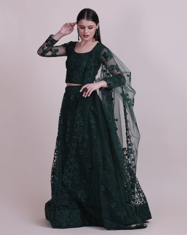 Jyoti Fashion Women's Dark Green Net Thread Embroidered Designer Lehenga Choli Set - Distacart
