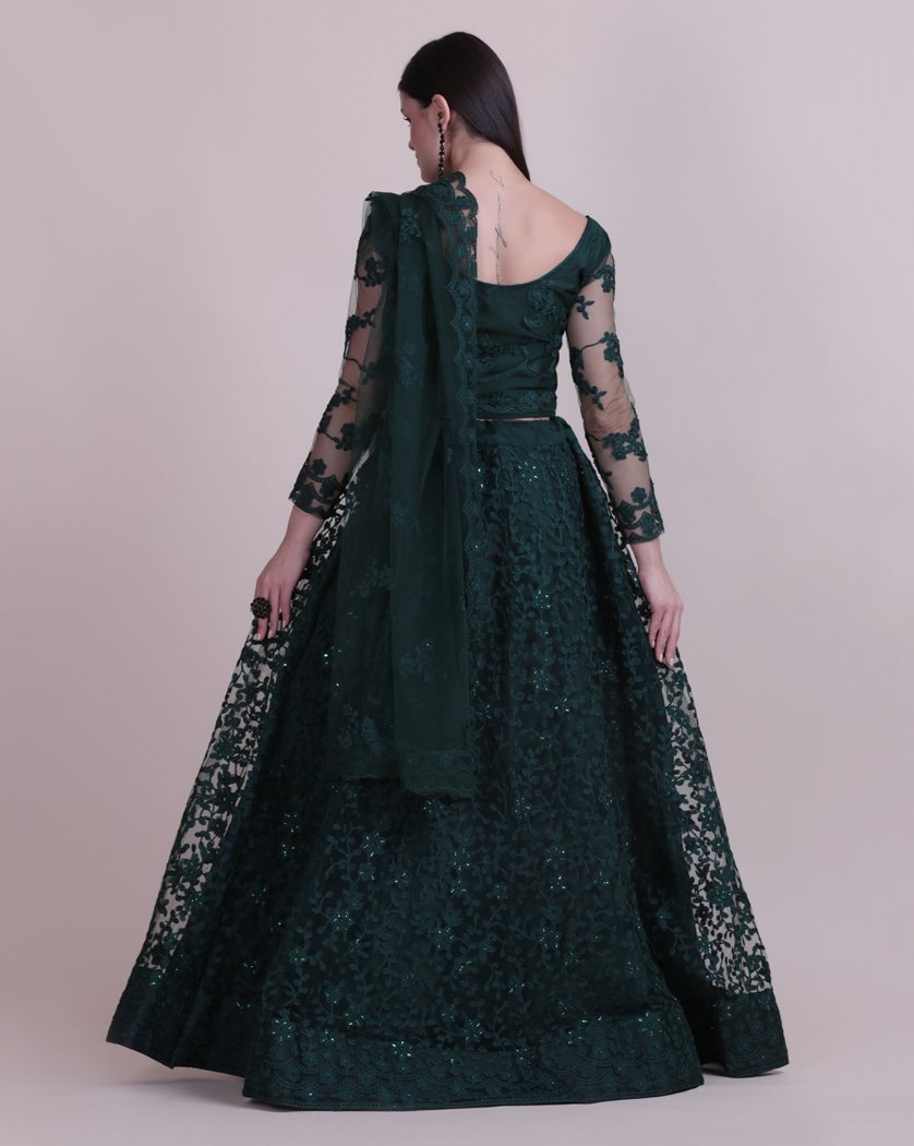 Jyoti Fashion Women's Dark Green Net Thread Embroidered Designer Lehenga Choli Set - Distacart