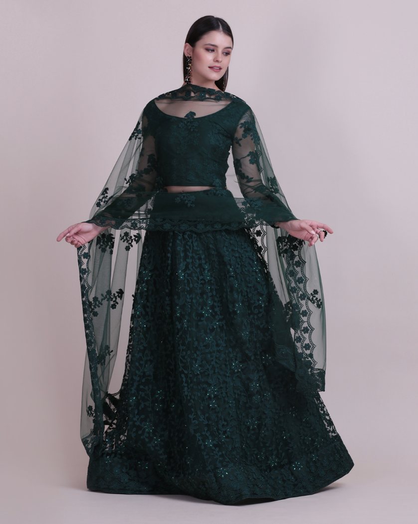 Jyoti Fashion Women's Dark Green Net Thread Embroidered Designer Lehenga Choli Set - Distacart