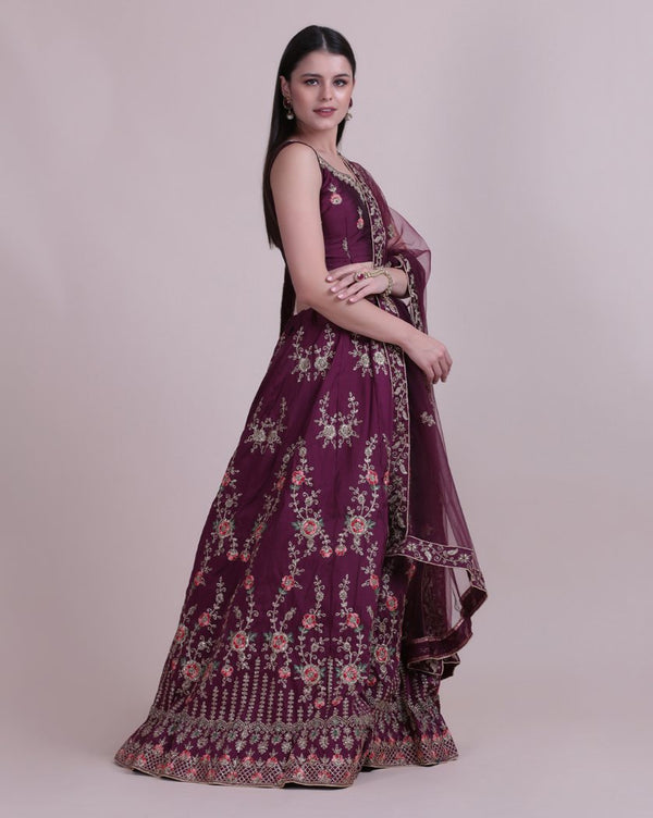 Jyoti Fashion Women's Wine Taffeta Silk Thread Embroidered Designer Lehenga Choli Set - Distacart