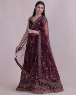 Thumbnail for Jyoti Fashion Women's Wine Taffeta Silk Thread Embroidered Designer Lehenga Choli Set - Distacart