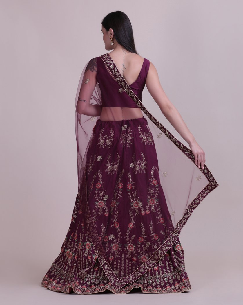 Jyoti Fashion Women's Wine Taffeta Silk Thread Embroidered Designer Lehenga Choli Set - Distacart