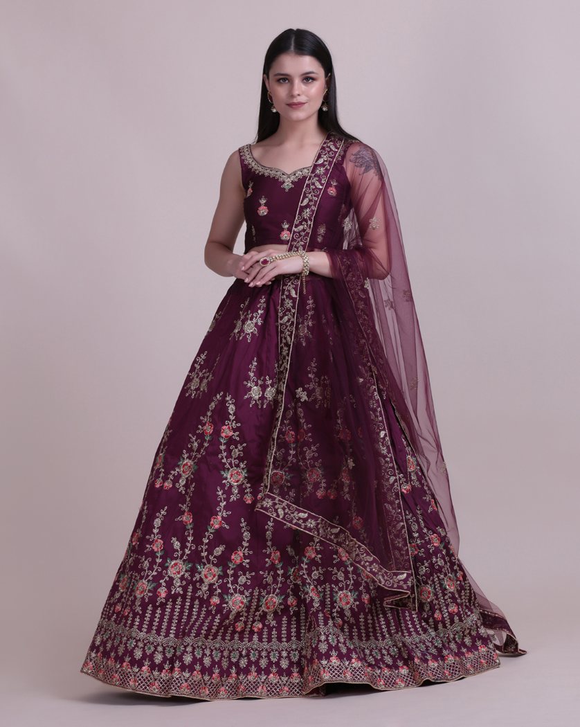 Jyoti Fashion Women's Wine Taffeta Silk Thread Embroidered Designer Lehenga Choli Set - Distacart