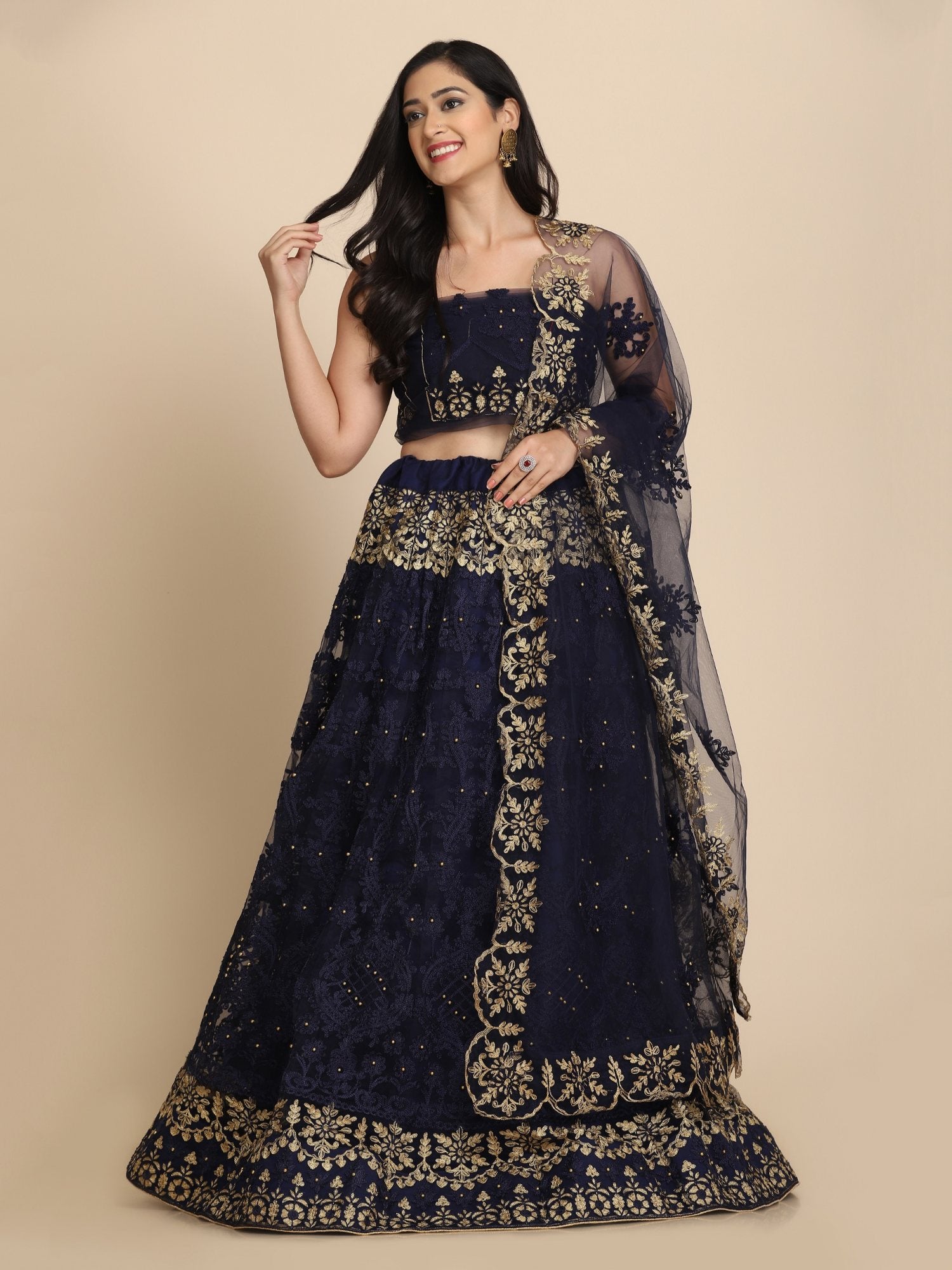 Jyoti Fashion Women's Navy Blue Net Thread Embroidered Designer Lehenga Choli Set - Distacart