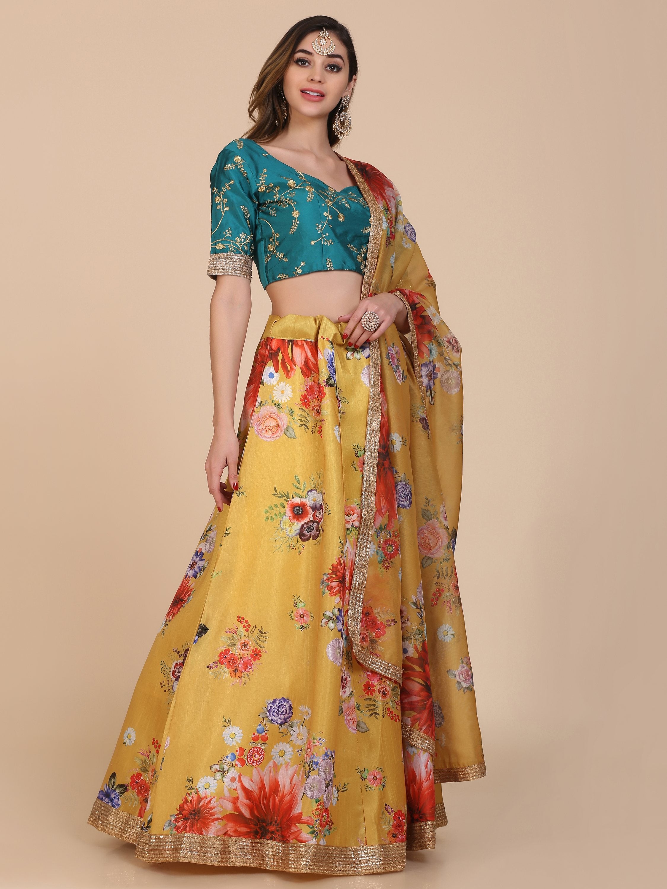 Jyoti Fashion Women's Yellow Banglory Silk Floral Printed Designer Lehenga Choli Set - Distacart