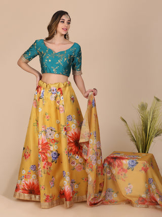 Jyoti Fashion Women's Yellow Banglory Silk Floral Printed Designer Lehenga Choli Set - Distacart