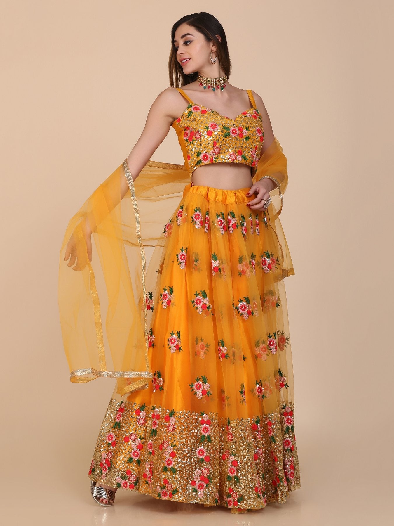 Jyoti Fashion Women's Yellow Net Thread Embroidered Designer Lehenga Choli Set - Distacart