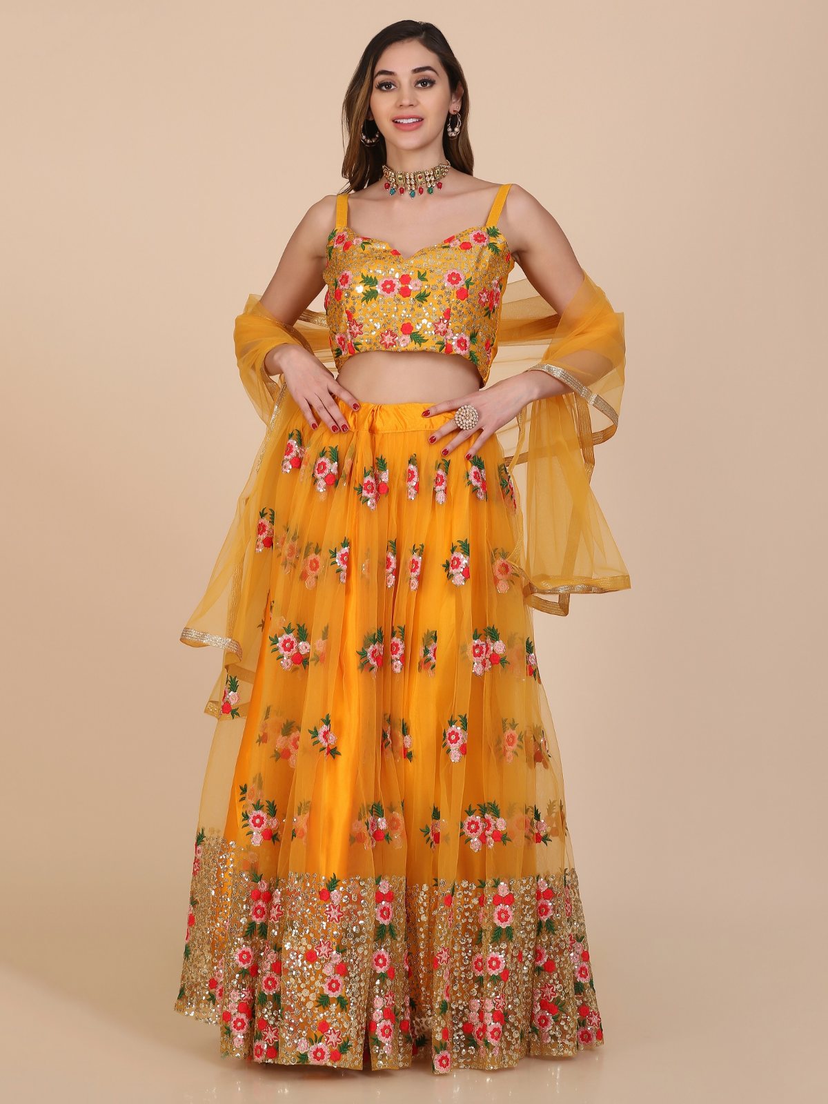 Jyoti Fashion Women's Yellow Net Thread Embroidered Designer Lehenga Choli Set - Distacart